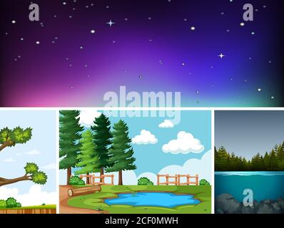 Four different scenes in nature setting cartoon style illustration Stock Vector