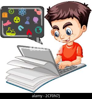 Boy searching on laptop with education icon isolated illustration Stock Vector