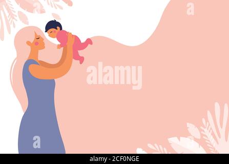 A beautiful young mother throws a toddler in her arms. Childhood and motherhood copy space poster. Flat vector concept illustration with a pink background Stock Vector