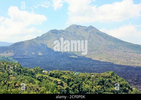 Mount Batur Volcano, with black volcanic rock and green plants in foreground in Bali, Indonesia Stock Photo