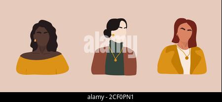 Set of female shapes and silhouettes on retro background. Abstract women in pastel colors. Collection of contemporary art posters. Fashion girls for Stock Vector