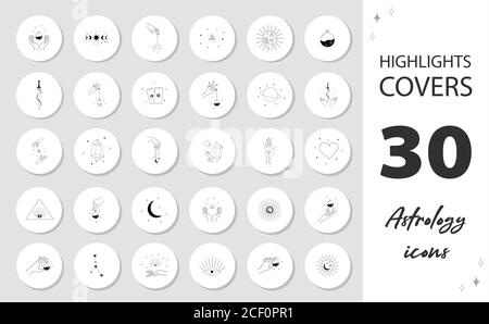 Mystery highlight covers for social media. Esoteric and occult icons. Hands with sword, potions, moon and stars. Magic logo in linear style for Stock Vector