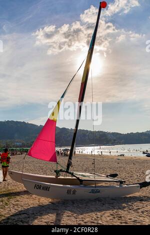 Sailing boat for hire on Patong Beach, Phuket, Thailand