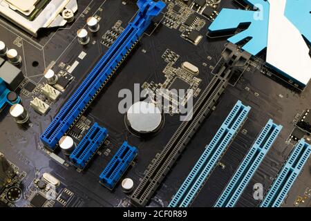 computer motherboard, with processor and other parts installed on it Stock Photo
