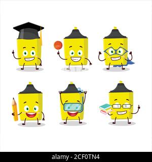 School student of yellow highlighter cartoon character with various expressions Stock Vector