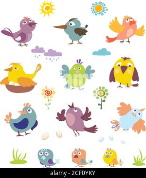 Birds, a set of images, illustration, pattern, decor, spring, summer Stock Vector