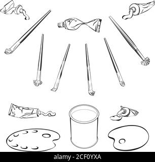 brush, drawing, painting, palette, paints, color, black, white, vector, drawing, design, sign, symbol Stock Vector