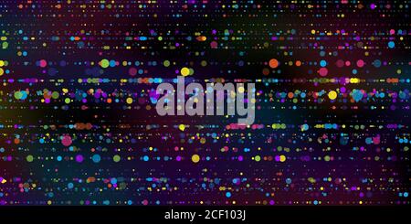 Big data visualization. An abstract data stream of stripes of multicolored round particle on dark background. Science, technology theme. Stock Vector