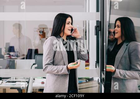 A businesswoman talking by cellphone near a window in the office Stock Photo