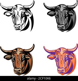 bull, portrait, head, color, vector, animal, illustration, icon, isolated, cow, wild, horned, white, black, art, symbol, sign, angry, power, farm Stock Vector