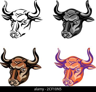 bull, portrait, head, color, vector, animal, illustration, icon, isolated, cow, wild, horned, white, black, art, symbol, sign, angry, power, farm Stock Vector