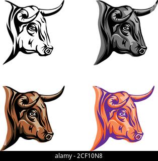 bull, portrait, head, color, vector, animal, illustration, icon, isolated, cow, wild, horned, white, black, art, symbol, sign, angry, power, farm Stock Vector