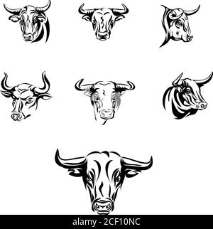 bull, portrait, head, color, vector, animal, illustration, icon, isolated, cow, wild, horned, white, black, art, symbol, sign, angry, power, farm Stock Vector