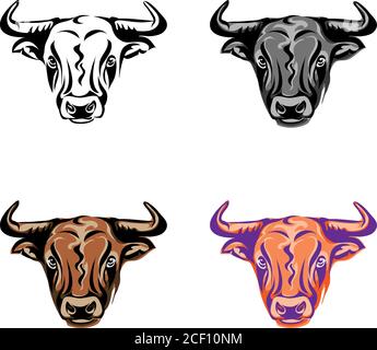 bull, portrait, head, color, vector, animal, illustration, icon, isolated, cow, wild, horned, white, black, art, symbol, sign, angry, power, farm Stock Vector