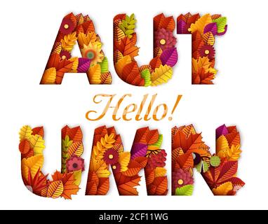 Hello Autumn typography design made with leaves and floral elements. Vector paper cut style illustration. Can be used for business advertising Stock Vector