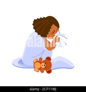 Little african american girl has flu, child sneezes into a handkerchief. Sick child girl sitting in bed with toy bear and blowing her nose, feel so Stock Vector
