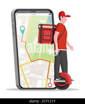 Smartphone with app and man riding monowheel with the box. Concept of fast delivery in the city. Male courier with parcel box on his back with goods and products. Cartoon flat vector illustration Stock Vector