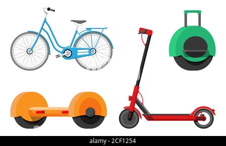 Set of urban transport for leisure. Kick scooter, hoverboard, monocycle, gyroscooter and bicycle. Eco city vehicles. Ecological, convenient urban transportation. Flat vector illustration Stock Vector