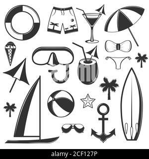 Vector set of summer season objects in vintage style. Design elements, icons isolated on white background - stock vector Stock Vector