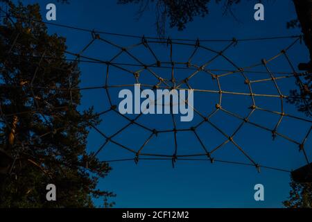 Cobweb made of rope in the forest against the blue night sky. Halloween background. Horror and trap concept. On open air. Space for text. Stock Photo