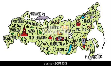 Colored Hand drawn doodle Russia map. Russian city names lettering and cartoon landmarks, tourist attractions cliparts. travel, banner concept design Stock Vector