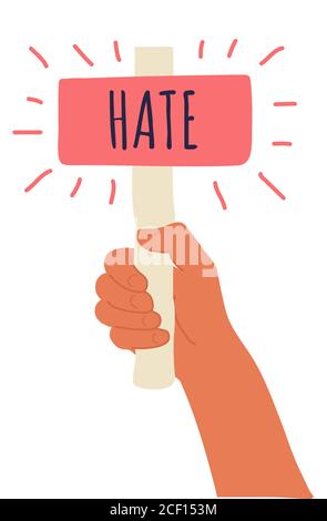 Cartoon vector illustration of Hate banner in human hand on white background. Test question. Choice hesitate, dispute, opposition, choice, dilemma Stock Vector