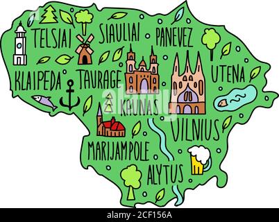 Colored Hand drawn doodle Lithuania map. Lithuanian city names lettering and cartoon landmarks, tourist attractions cliparts. travel, banner concept Stock Vector