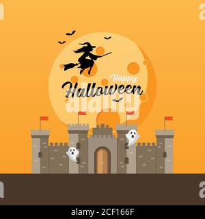 Castle with witch flying over the moon. Halloween greeting card. Vector illustration Stock Vector