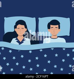 Man and woman sleeping at night in pajamas in bed at home. Stock Vector