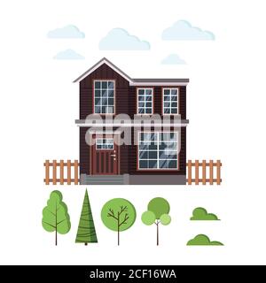 Rural wooden house exterior with fences, clouds and different trees icon set isolated on white background. Stock Vector