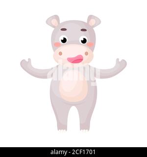 Cute funny hippo print on white background. African cartoon animal character for design of album, scrapbook, greeting card, invitation, wall decor. Stock Vector
