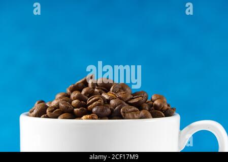 International day of coffee concept. close-up white coffee cup full of coffee beans on blue background. Stock Photo