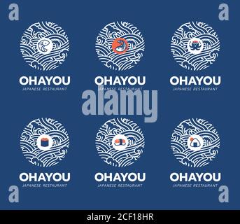 Japanese food and restaurant logo design template. Sushi, salmon fish, octopus,takoyaki icon and symbol isolated on water ocean wave. Ohayou means to Stock Vector