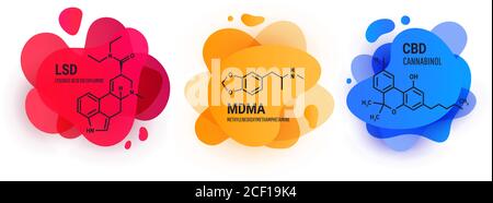 Lysergic acid diethylamide LSD, MDMA, cannabinoids, structural chemical formul with color liquid fluid shapes on a white background Stock Vector