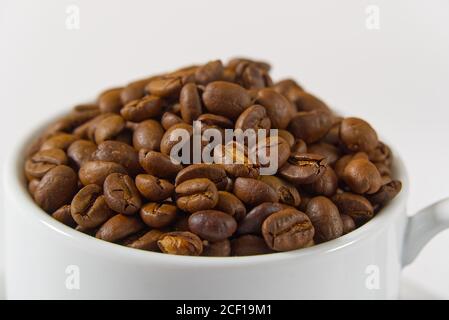 Coffee beans in white cup, close-up. White coffee cup with coffee seeds on white background. Concept For International day of coffee. Stock Photo