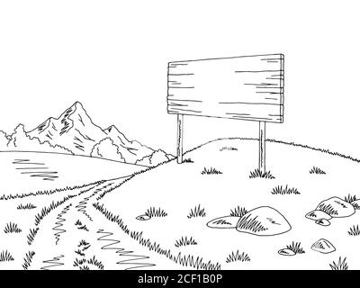 Rural road graphic black white billboard landscape sketch illustration vector Stock Vector