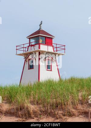 Covehead Harbour Lighthouse – a historic building of heritage value located among the sand dunes of Prince Edward Island National Park of Canada. Stock Photo