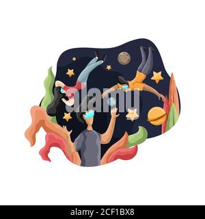 Virtual reality illustration.Concept of landing page.Vector design template isolated. Suitable for landing page, ui, website, mobile app, editorial, p Stock Vector