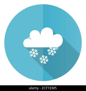 Snowing vector icon, flat design blue round web button isolated on white background Stock Vector