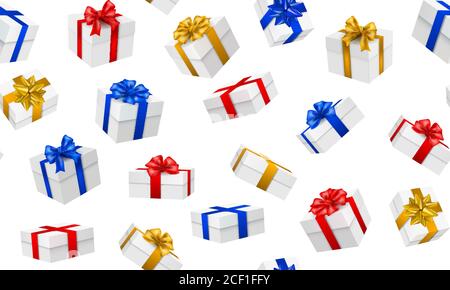 Seamless pattern with realistic gifts box with colorful ribbons. Festive design with isometric gift box surprise isolated on white. Great for holiday Stock Vector