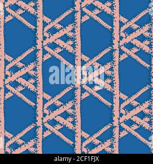 Vector macramee braid weave effect seamless interlace pattern background. Horizontal rows of woven style plaited ribbon lattice pink cobalt blue Stock Vector