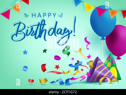 Happy birthday vector background banner design. Happy birthday greeting text for kids party celebration with colorful elements like balloon, hat Stock Vector