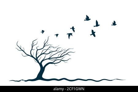 Autumn tree with flying birds. Stock Vector