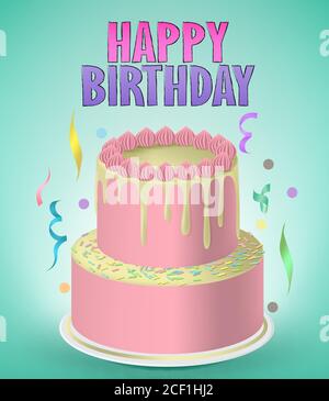 Happy birthday cake vector concept design. Birthday greeting text with party cake for celebration. Vector illustration Stock Vector