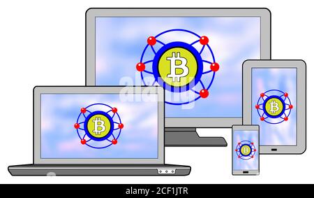 Bitcoin concept shown on different information technology devices Stock Photo