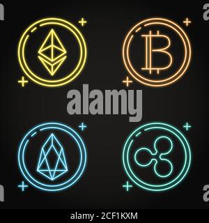 Neon cryptocurrency icon set in line style. Altcoins and bitcoin. Ethereum ETH, Ripple and EOS digital coins. Vector illustration. Stock Vector