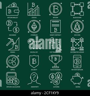 Alternative currency icon collection in line style. Cryptocurrency collection. Bitcoin and altcoins symbols. Vector illustration. Stock Vector