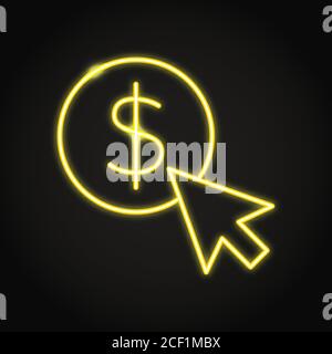 Pay per click icon in neon line style. Coin with dollar sign and mouse cursor symbols. Vector illustration. Stock Vector