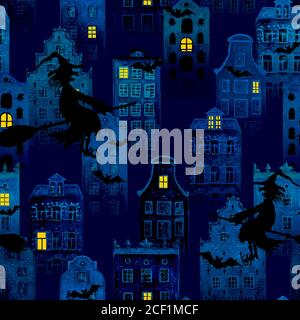 Halloween seamless pattern with flying black bat silhouettes and spider ...
