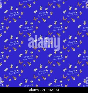 New year seamless pattern. Christmas pattern on a blue background - Christmas star and candlestick, Christmas balls and bells. For festive design and Stock Vector